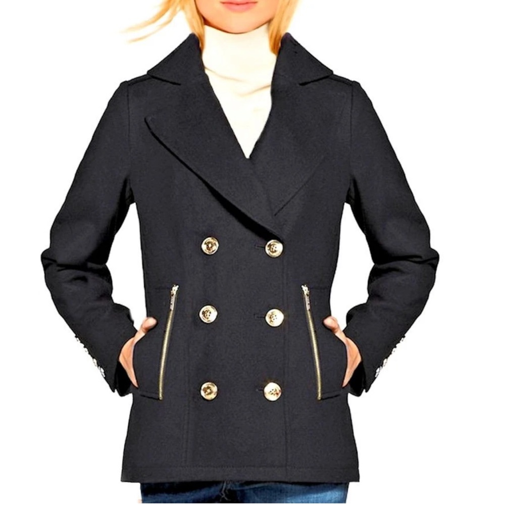 Michael Kors Wool Blend Double Breasted Peacoat Black with Gold Buttons